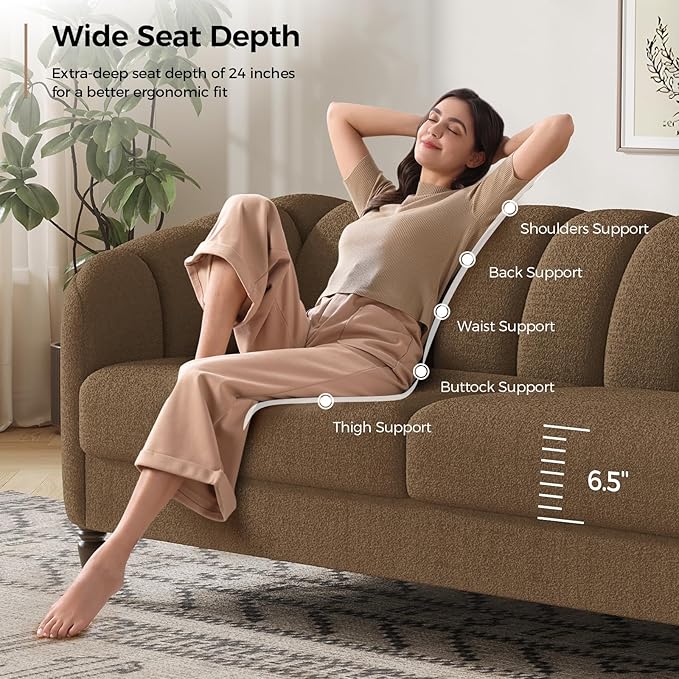 82 Inch Loveseat Sofa Modern Couch and Sofa Curved Petal Design Furniture Sturdy and Easy Installation Small Sofa for Living Room Bedroom Office and Apartment Terry Fleece Fabric Brown