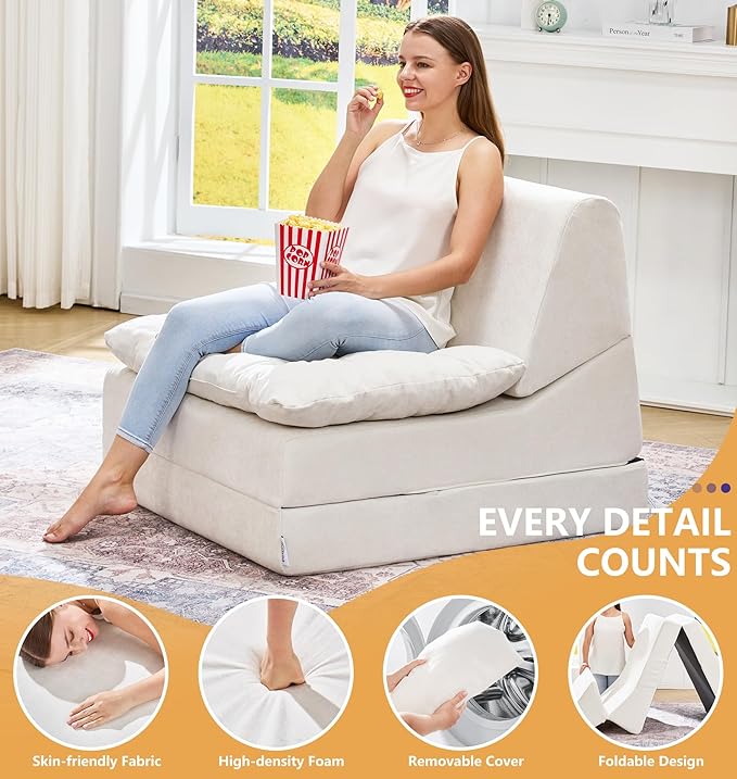 Hobestluk Sofa Couch Folding Sofa Bed Comfy Floor Lounger Convertible Sofa with Removable Cushion Couches for Small Spaces Foldable Mattress for Living Room Bedroom or Office (Chenille Beige Large)