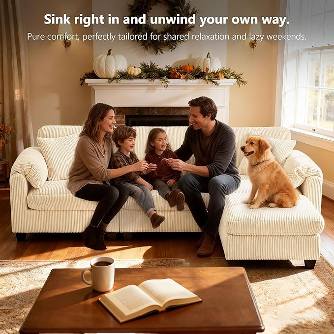 Modular Sectional Sofa with Ottoman3-Seater Corduroy Cloud Sofa Couch with 2 Pillows88.2'' L-Shaped Deep Seat Sofa with Thick CushionModular Couches for Living RoomBeige3 Seater &amp Ottoman