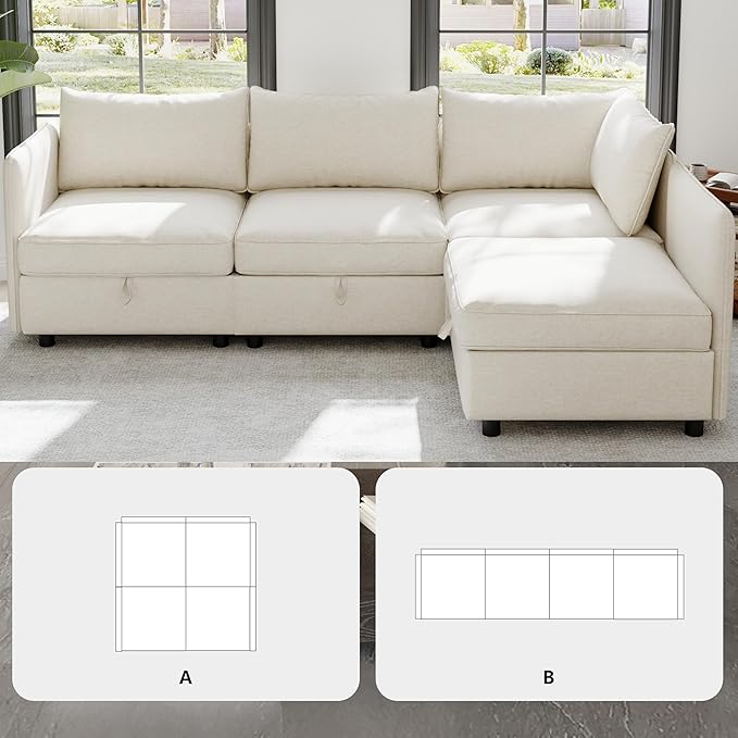 Oversized Modular Storage Sectional Sofa Customizable Seating Group Sofa&ampCouch Convertible Lounge Sleeper Chaise Daybed with Movable Seat L-Shaped Chenille Upholstered Sofa Couch for Living Room