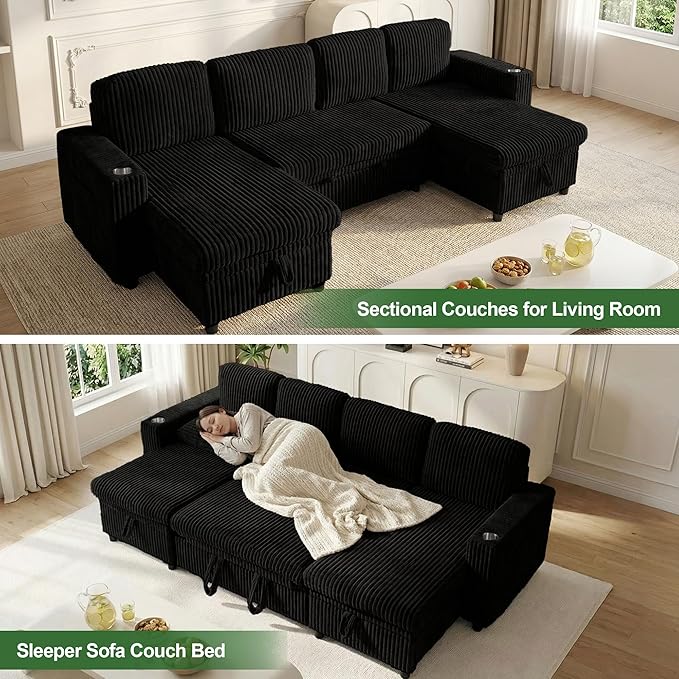 Oversized Sectional Couch U Shaped Corduroy Couch for Living Room Sectional Sleeper Sofa with Pull Out Bed Convertible Sofa Bed for Living Room Bedroom and Apartment Black