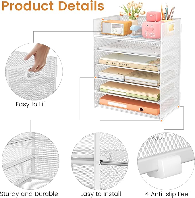 Subekyu 6-Tier Desk Paper Organizer Desktop File Letter Tray with Handle Document Sorter and Accessories Holder for Office Home and School Workspace Organizers White - 2 Pack