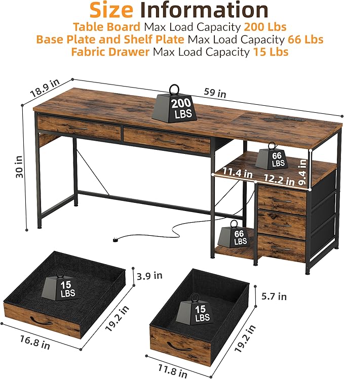 YOSHOOT 60 Computer Desk with 5 Fabric Drawers - Gaming Desk with Storage and Power Outlets Home Office Desk for Adults and Teenagers Working Writing Study Rustic Brown