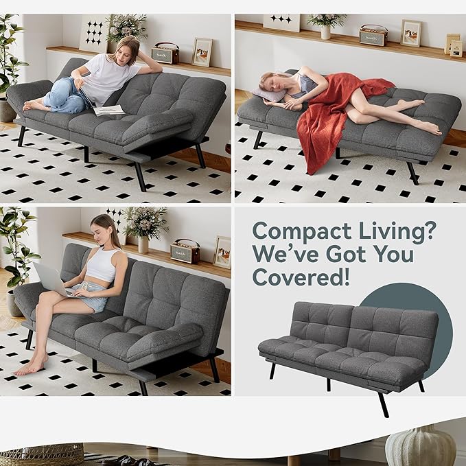 Opoiar Convertible Futon Sofa Bed Grey Linen Futon Couch with Adjustable Backrest &amp Armrests Folding Small Recliner Sleeper Sofa Bed for Living Room Apartment Office