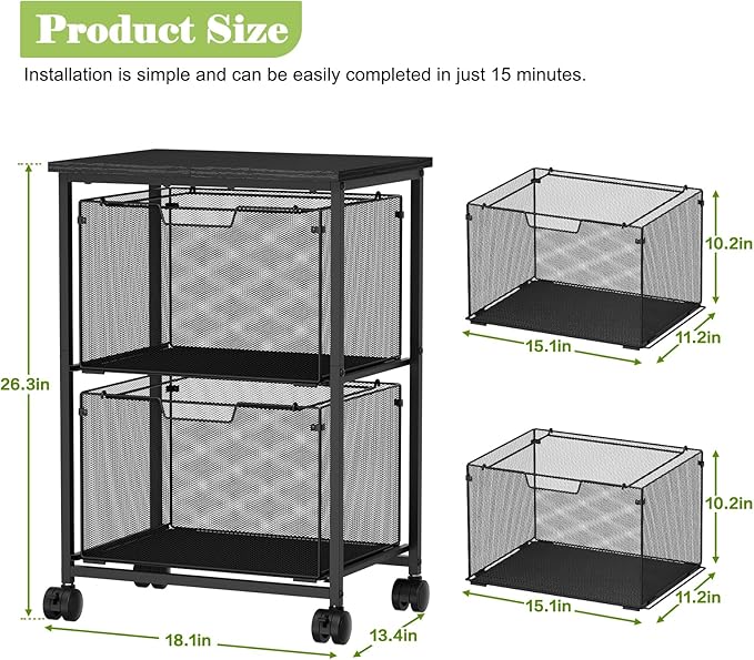 Letter/Legal Rolling File Cart with 2 Storage Drawers Under Desk Storage Vertical Filing Cabinet for Home Office Hanging File Folders Organizer Mobile Utility Cart Printer Stand Black