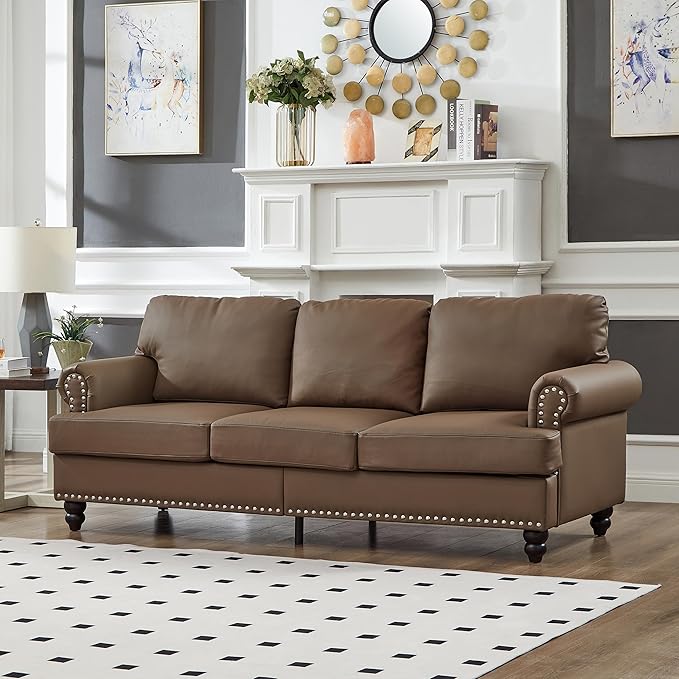 2 Pieses Living Room Sofa Sets Faux Leather Couch and Loveseat with Nailhead Decor Soild Wood Legs Rolled Armrests &amp Storage 2PCS Sofas 3 Seaters Couch and Love Seat for Living Room Furniture S