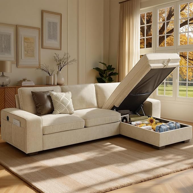 99 Sectional Sleeper Sofa Couch Chenille Convertible Chaise 3 Seats L-Shaped Sofa with 110L Storage Deep SeatWide Armrest USB Type-C ChargingRemovable Covers for Living Room Apartments Beige