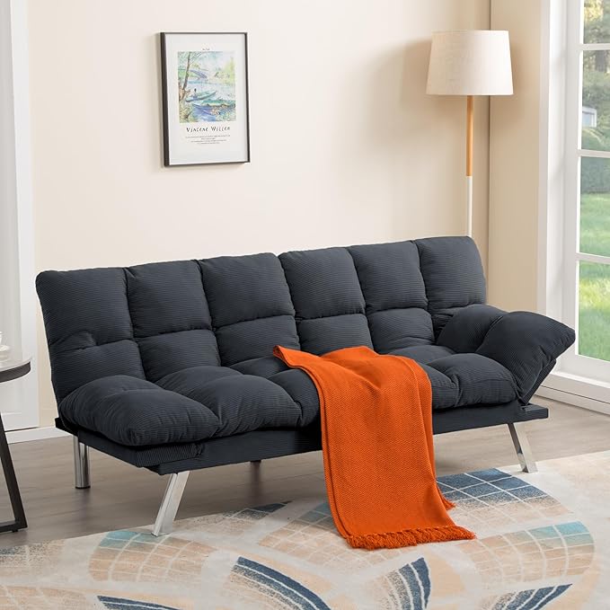 67” Convertible Futon Couch Bed Adjustable Pillow Top Arm Memory Foam Cloud Futons Loveseat Modern Light Gray Corduroy Mini Small Sofa Couches for Living Room