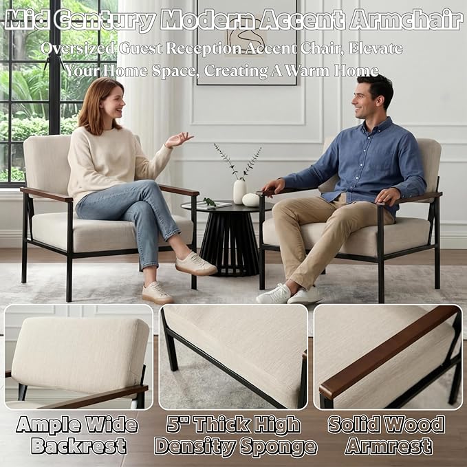 Mid Century Modern Accent Chair Wide Oversized Guest Reception Armchair Linen Fabric Upholstered Comfy Leisure Chair with Black Meta Frame Lounger Chair for Living Room Beige