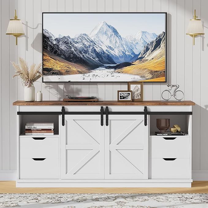 JUMMICO TV Stand with 4 Drawers for 65 Inch TV Farmhouse Entertainment Center with Storage and Sliding Barn Doors Rustic Media TV Console Cabinet with Shelves for Living Room Bedroom (Bright White)
