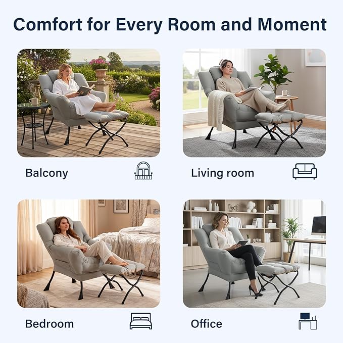 Lazy Chair with Ottoman Modern Accent Chair Contemporary Leisure Sofa Chair with Armrests Reading Chair and Folding Footstool Set for Living Room Bedroom Office White Grey