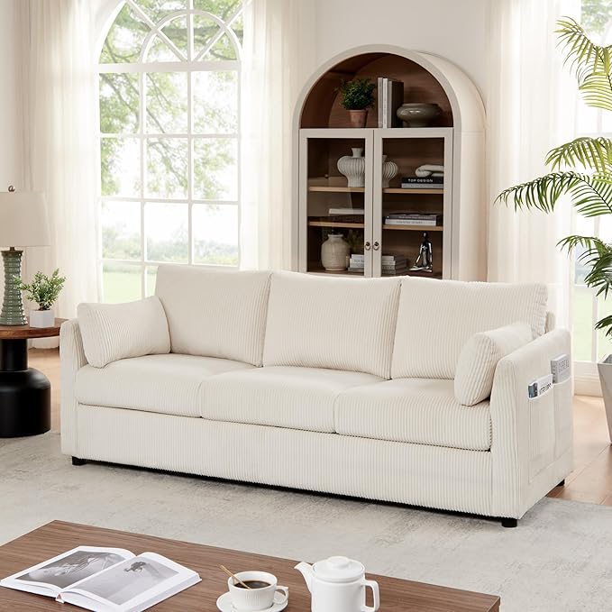 79 Couch for Living RoomMid Century Modern Couches with Big Pockets Corduroy Sofa with Three Cushions and Solid Wood Frame for Apartment and Small Spaces (Beige Sofa)