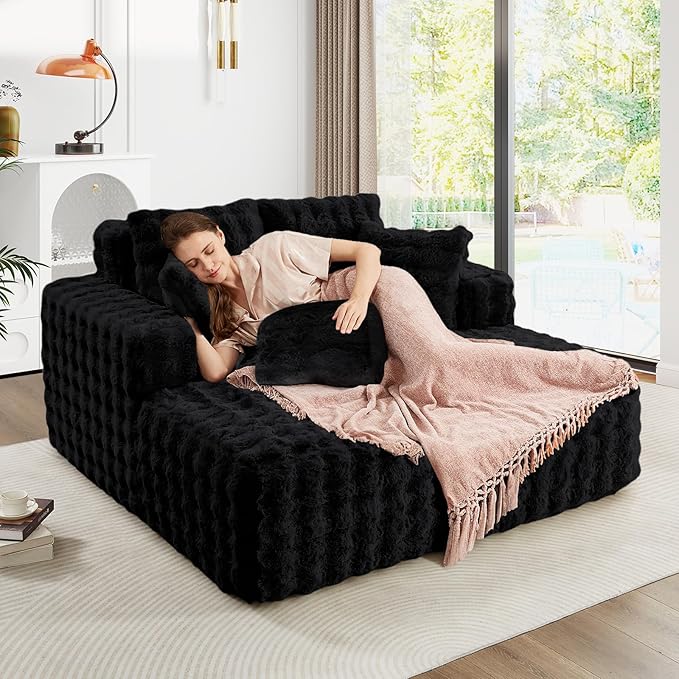 56 W Oversized Chaise Lounge Chair IndoorPlush Faux Fur Sleeper Couch Sofa Bed with PillowsFluffy Comfy Cloud SofaCompression Foam Boneless Couch for Living RoomBedroom(Bubble Black)