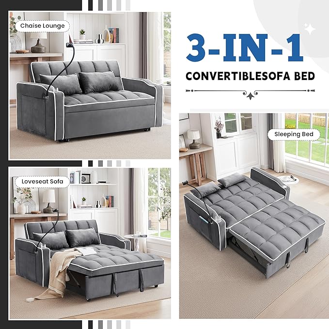 TTK 3-in-1 Convertible Velvet Sleeper Sofa Bed Pull-Out Loveseat with Adjustable Backrest USB Port &amp 2 Pillows Swivel Phone Stand &amp Storage Pockets Modern Futon Couch for Living Room Gray