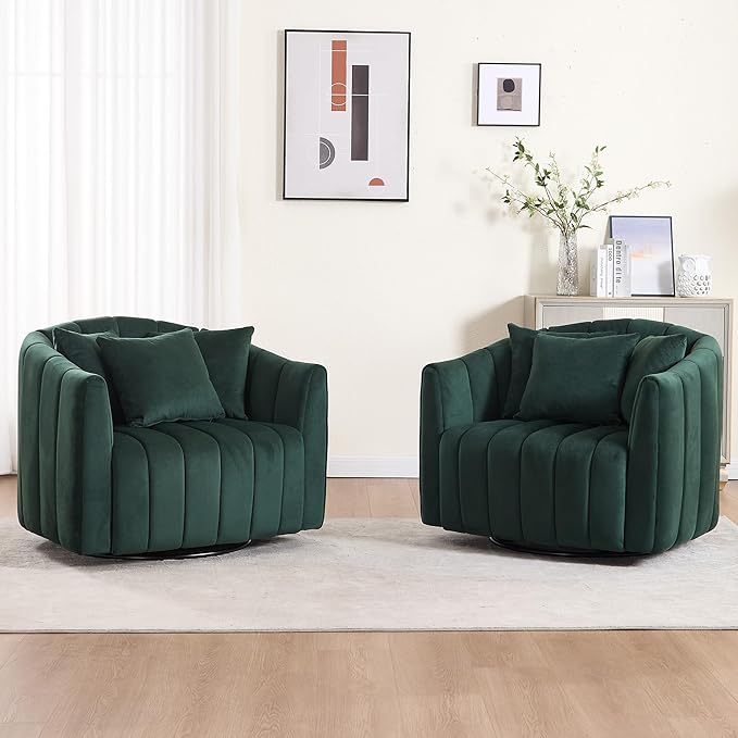 Mlmh &amp Kngwa 40.35 W Swivel Accent Chairs Set of 2 Oversized 360 Degree Swivel Barrel Chair with 3 Pillows Velvet Armchair for Living Room Bedroom Green
