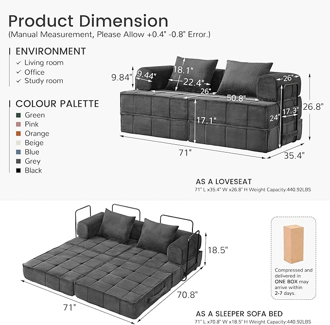 6-in-1 Convertible Sleeper Sofa Bed Corduroy Folding Mattress Couch with Fixed-Shape Frame Modular Foldable Boneless Couch Loveseat Couches with 2 Pillows for Living Room Bedroom Grey