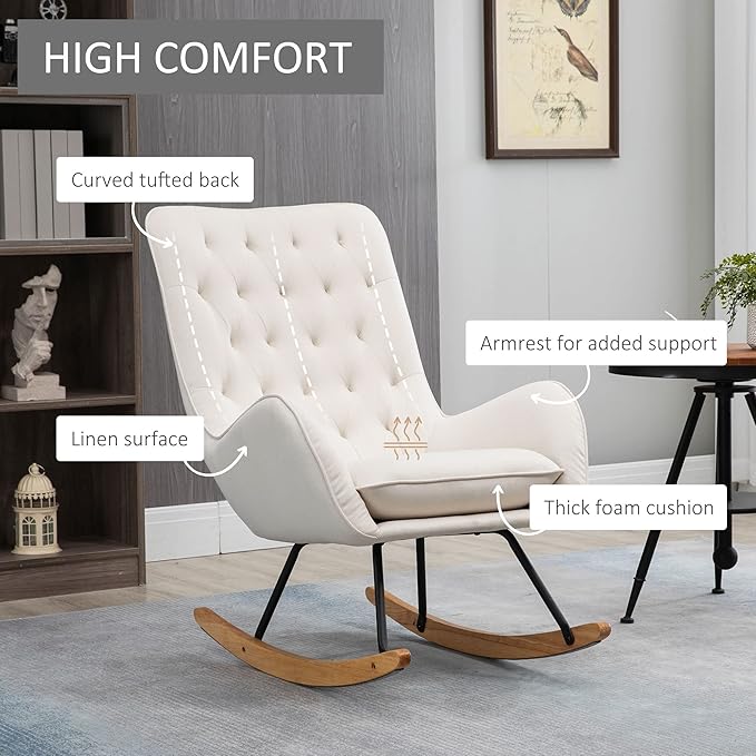 HOMCOM Mid-Century Fabric Rocking Chair Sofa Armchair Tufted Rocker Wingback Accent Chair with Padded Seat Rubber Wood Base for Home Studio Bedroom Living Room Cream White