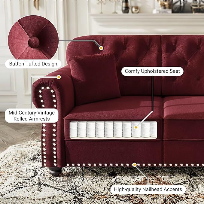 Burgundy Velvet Sofa with Button-Tufted Back &amp Nailhead Trim Mid-Century Chesterfield Style 63 Upholstered Loveseat Couch Rolled Arm Design with 2 Decorative Pillows