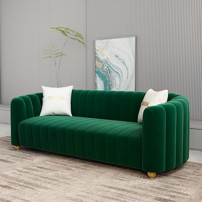 Modern Green Velvet Couch for Living Room 83.46 Curved Sofa with Gold Metal Sphere Legs 3 Seater Cute Couch (Velvet Green)