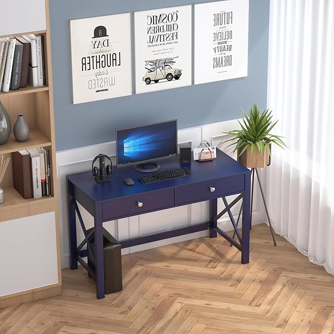 WiberWi Home Office Desk with Drawers Modern Writing Computer Desk for Bedroom Small Navy Makeup Vanity Table Study Table