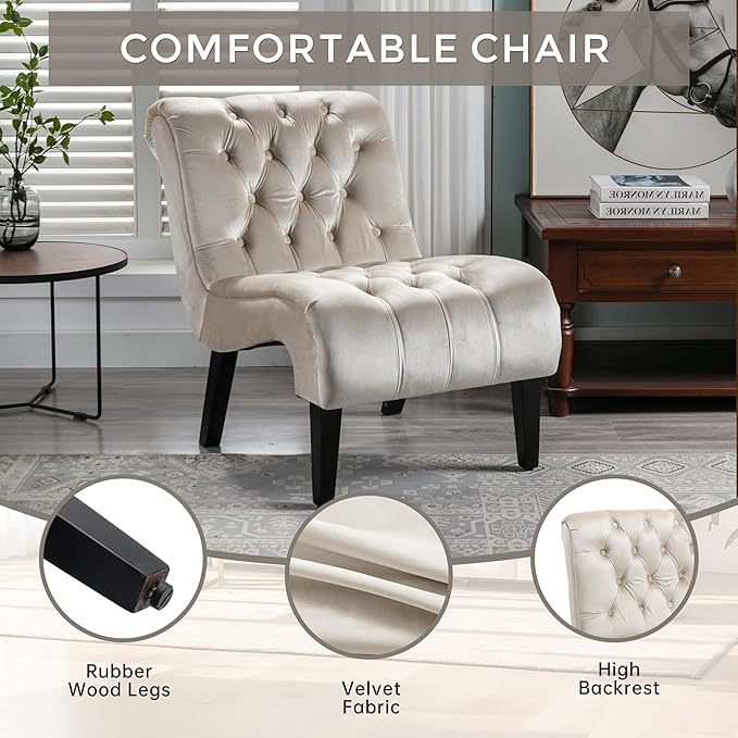 Modern Velvet Armless Accent Living Room Chair Leisure ChairUpholstered Fabric Button Comfortable Chair with Wooden Legs for Bedroom Living Room Office (Beige Velvet)