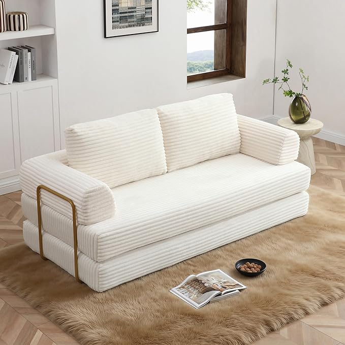80 Convertible Sofa Bed Modern Corduroy Sleeper Sofa Folding Floor Couch with Golden Fixed-Shape Frame Beige Boneless Loveseat Sofas Bed for Living Room Bedroom No Assembly Needed