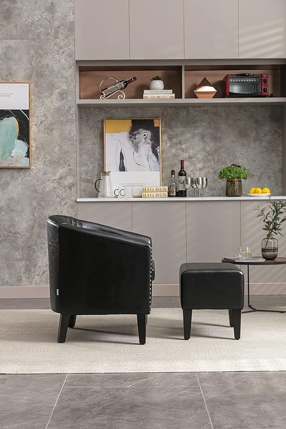 Accent Chair with Ottoman Mid Century Modern Barrel Chair Upholstered Club Tub Round Arms Chair for Living Room