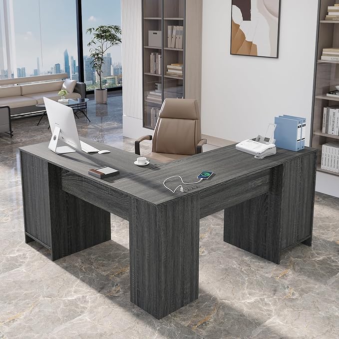 MU L Shaped Desk with File Cabinet Corner Computer Desk with Storage Drawers Large Home Office Table with Power Outlets 60 Inch (Grey)