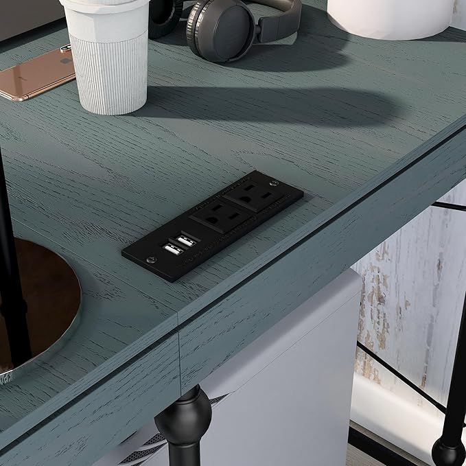 24/7 Shop at Home Monier Farmhouse Metal 2 Shelves Corner Computer Desk with USB Port Power Outlet 1 Drawer for Workstation Home Office Study Room Antique Blue