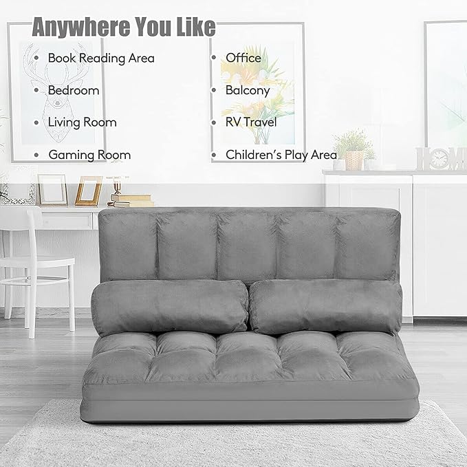 DORTALA Foldable Floor Sofa 6-Position Adjustable Lounge Couch with 2 Pillows &amp Suede Cloth Cover Modern Lounge Mattress Video Gaming Lazy Couch Floor Seating Sofa 71 x 44.5 Grey