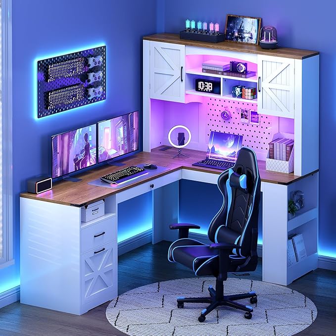67'' L Shaped Executive Desk with Hutch Farmhouse Corner Computer Desk with File Drawer Wooden Office Desk with Storage Shelves and LED Lights for Home Office White Walnut