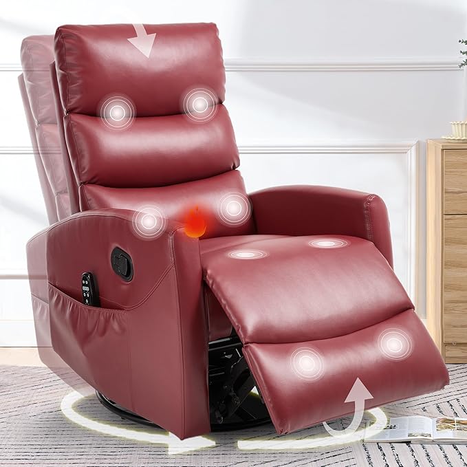 cinkehome Small Swivel Rocker Recliner Chair with Heated Massage Upholstered Nursery Glider Recliner Chair High Back Side Pocket (Red PU Leather)