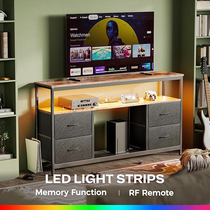 Huuger TV Stand Dresser with Power Outlets and LED Lights 4 Drawers Entertainment Center with Shelves 54 Inch Media Console for 55 60 Inch TV PU Finish Rustic Brown and Black