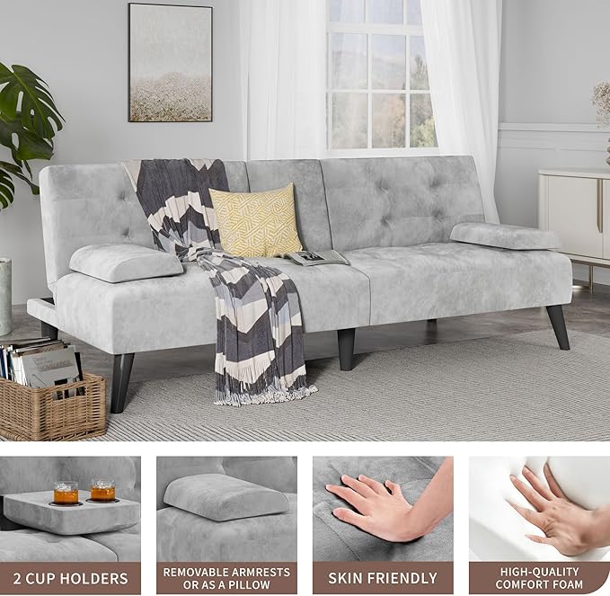Nuturelly Convertible Sofa Bed Futon Couch Small Velvet Sleeper Sofa with Removable Armrests and Folding Cup Holders Upholstered Loveseat for Small Spaces Apartment Living Room(Light Gray)