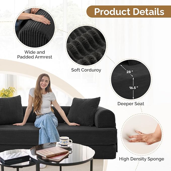 Convertible Corduroy Sleeper Sofa Bed with Cylindrical Pillow Folding Mattress Couch with Fixed-Shape Frame Floor Sofa Lounge Couch for Living Room Bedroom Lounge Studio Black
