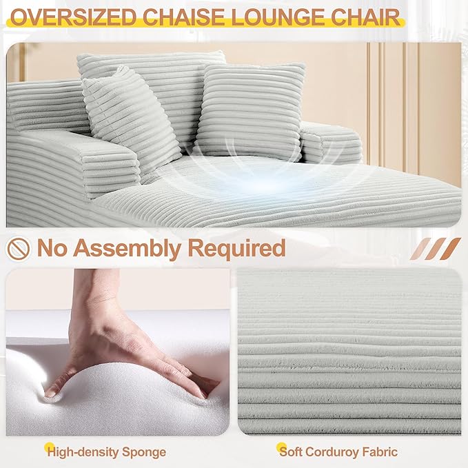 67 Oversized Chaise Lounge Chair Indoor Corduroy Boneless Chaise Lounge Sofa Chair with Pillows &amp Wide Armrest Deep Seat Fluffy Reading Chairs Cloud Couches for Living Room Light Grey
