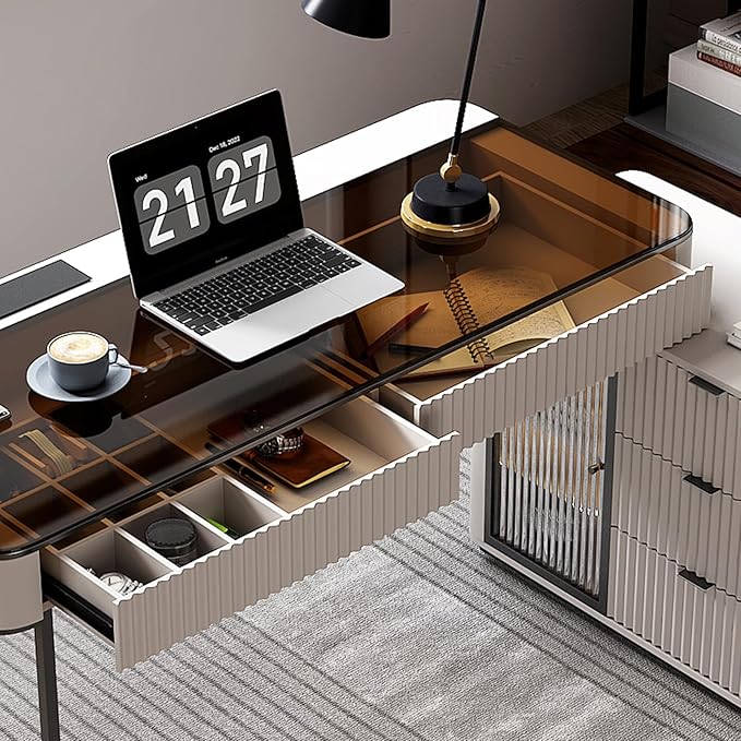 Lartis Office Desk Very Easy to Assemble Computer Desk Home Telescopic Writing Desk Modern Computer Desk with Retractable Cabinet Built-in LED Lights (Ivory 50 in)