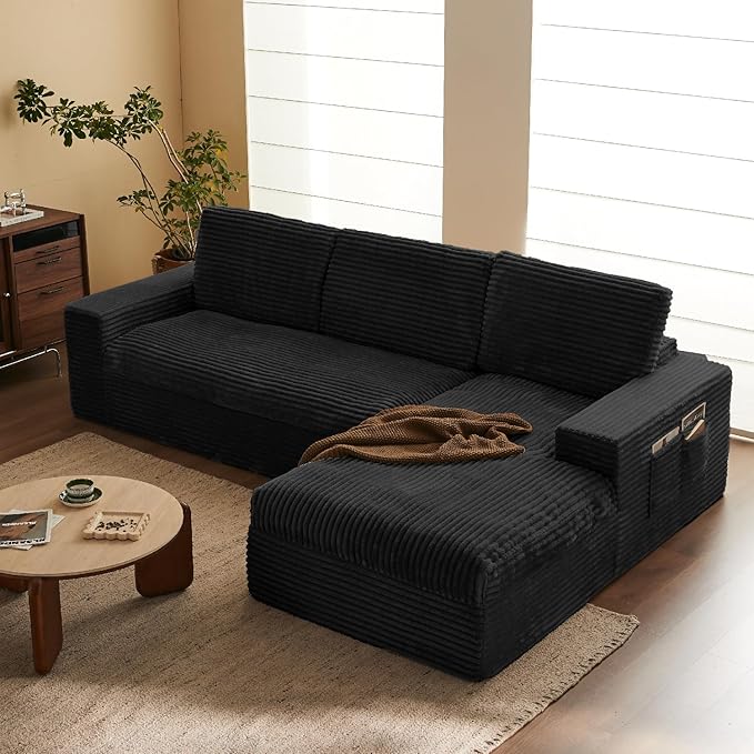 104 Modular Sectional Couch with Chaise Cloud Couch Deep Seat Fluffy Corduroy Sofa Memory Foam Boneless Couches for Living Room Bedroom No Assembly Required (Black 104 Right Chaise)