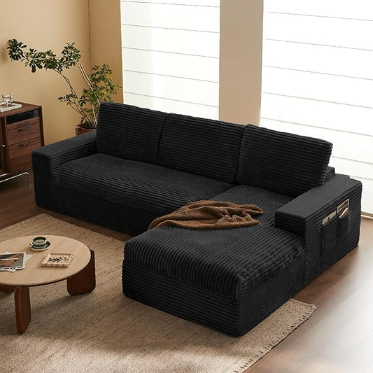 104 Modular Sectional Couch with Chaise Cloud Couch Deep Seat Fluffy Corduroy Sofa Memory Foam Boneless Couches for Living Room Bedroom No Assembly Required (Black 104 Right Chaise)