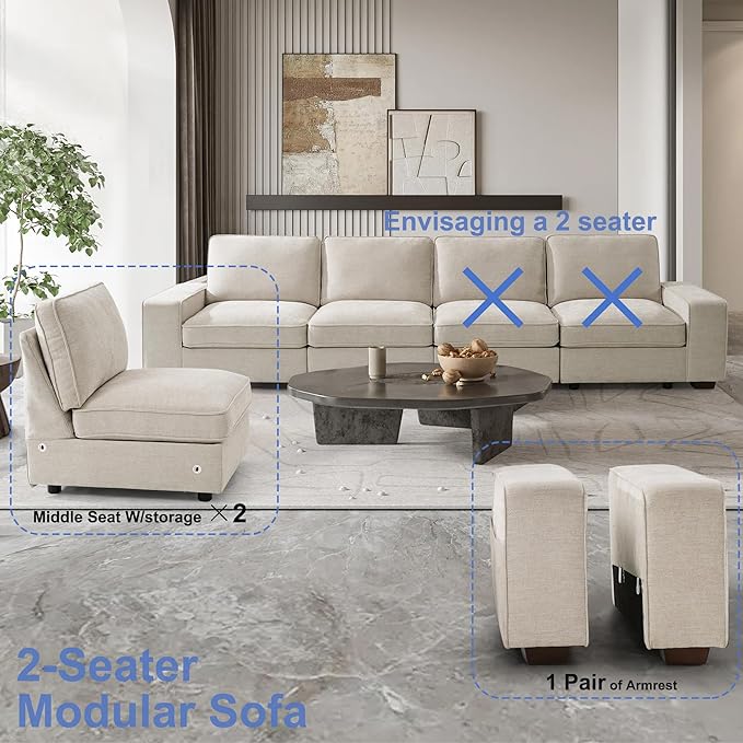 73 2-Seater Modular Sectional Sofa Loveseat Modern Comfy Chenille Couch with Removable Chenille Washable Cover Seat Storage and USB Port for Living Room Office Apartment Easy to Install Beige