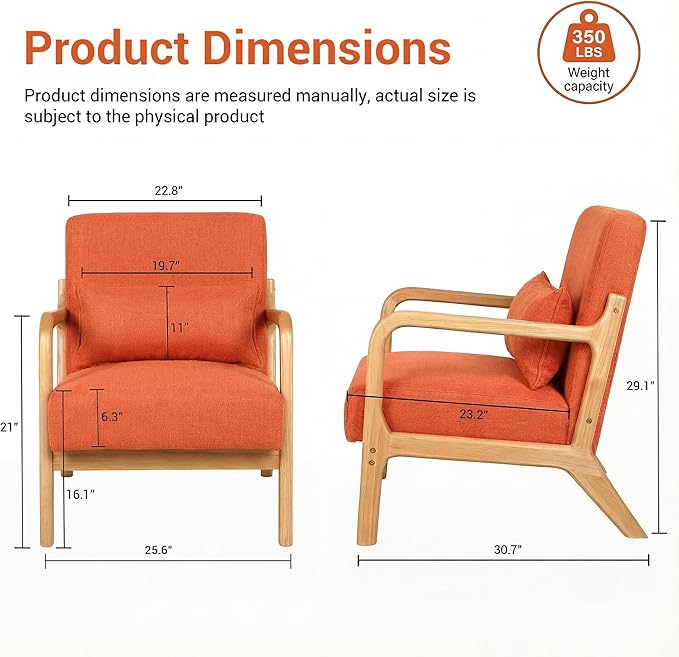 Mid Century Accent Chair Comfy Arm Chair with Solid Wood Frame Upholstered Modern Chair for Living Room Bedroom Waiting Room Orange