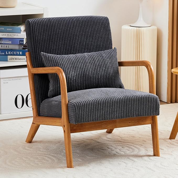 Mid Century Modern Accent Chair with Waist CushionComfy Upholstered Lounge Chair Ergonomic Reading Chair with Solid Rubberwood Frame for Living Room Bedroom (Antique Dark Grey)