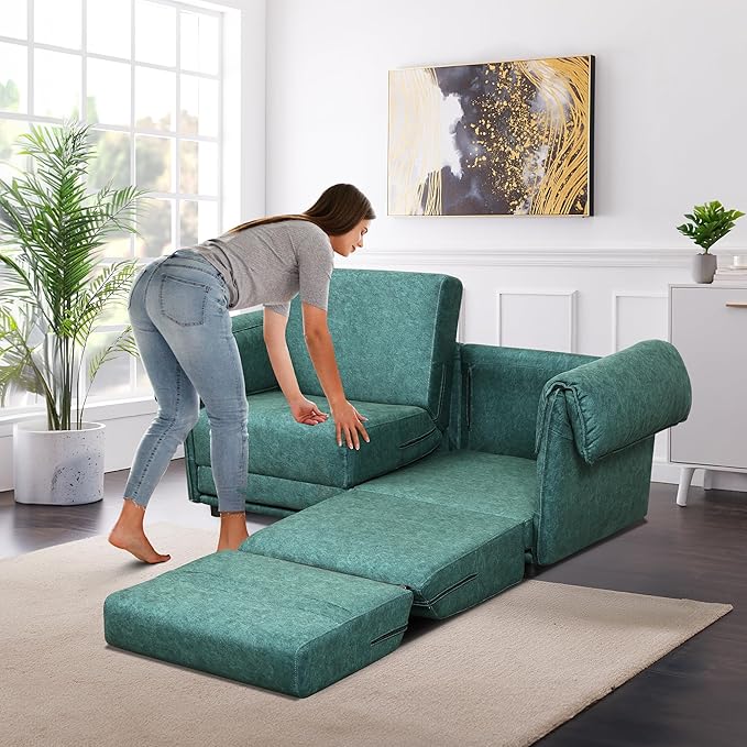 FHFO Convertible Couch Bed Queen 65 Loveset Small Couch for Small Spaces 3 in 1 Pull Out Sofa Bed Convertible Sleeper Sofa Comfy Sofabed for Living Room Bedroom Apartment (Green)