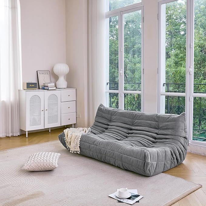 N&ampV Fireside Chair Mid Century Armless Floor Sofa Soft Premium Microfiber Floor Lounge Chair Foam Sofa Accent Chair for Living Room Bedroom and Office (Grey Three Seater)