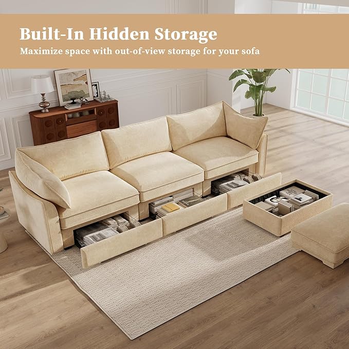 Rovibek 112” L Shaped Couch with Storage Chenille Sofas for Living Room Sectional Couch with Pull Out Drawer &amp Throw Pillows &amp Storage Ottoman Wheat