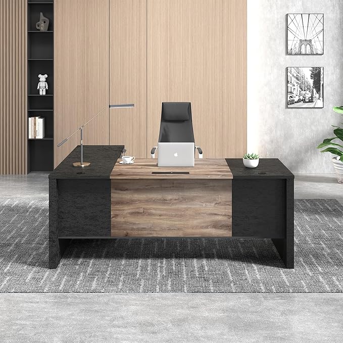 78.75 Inch L Shaped Executive Office Desk with 2 Drawers Large Office Desk with File Cabinet Modern Home Office Desk w/4 Wheels Moveable Stand Under Desk Storage Organizer Oak
