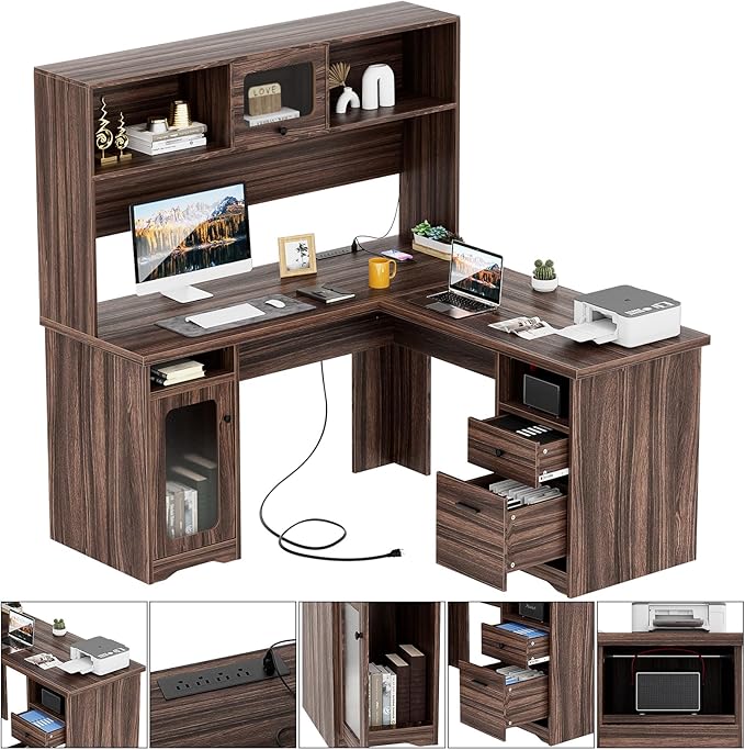 Unikito L Shaped Desk with Drawers 60 Inch Office Desk with Power Outlet and LED Lights Sturdy Corner Computer Desk with Hutch and File Cabinets 2 Person Home Office Gaming Table Rustic Oak
