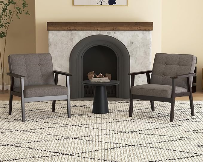 Modern Accent Chair with Arm Rest Upholstered Linen Fabric Leisure Chair Comfy Side Chair with Backrest Button and Wooden Frame for Living Room Bedroom Reading(Gray)