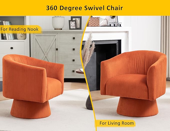Swivel Accent Chair Modern 360° Barrel Chair Corduroy Upholstered Single Sofa for Living Room Bedroom(Orange)