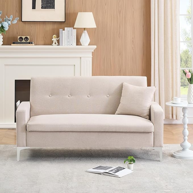 57 Beige Suede Couch Mini Comfy Sofa with Spring Cushions Loveseat Storage Sofa for Bedroom Small Couch for Small Spaces Modern Living Room 2 Seater Sofas with Pillow Seat (Beige)